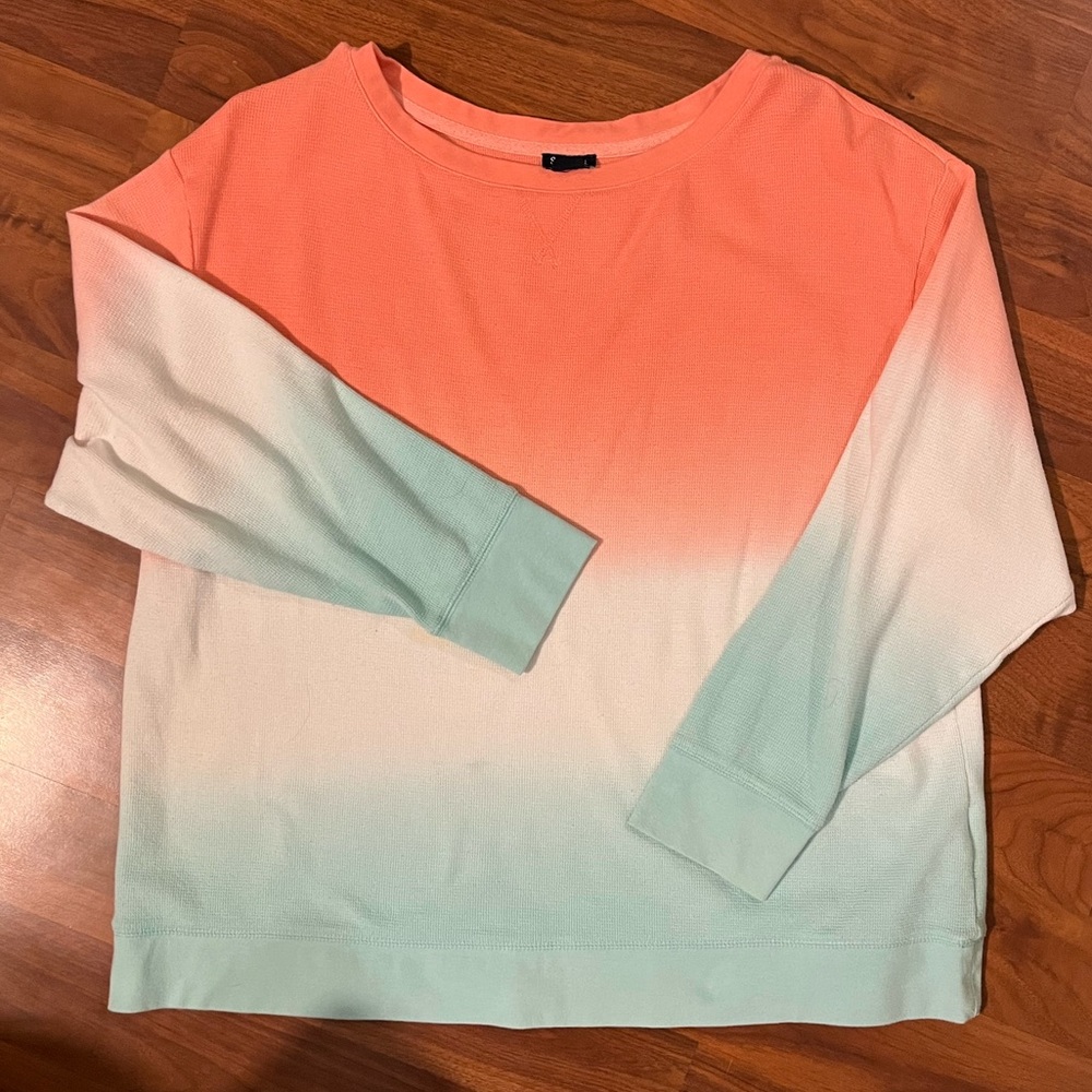 Splendid Waffle Knit Long Sleeve Shirt Coral, white, and sea green. Size…